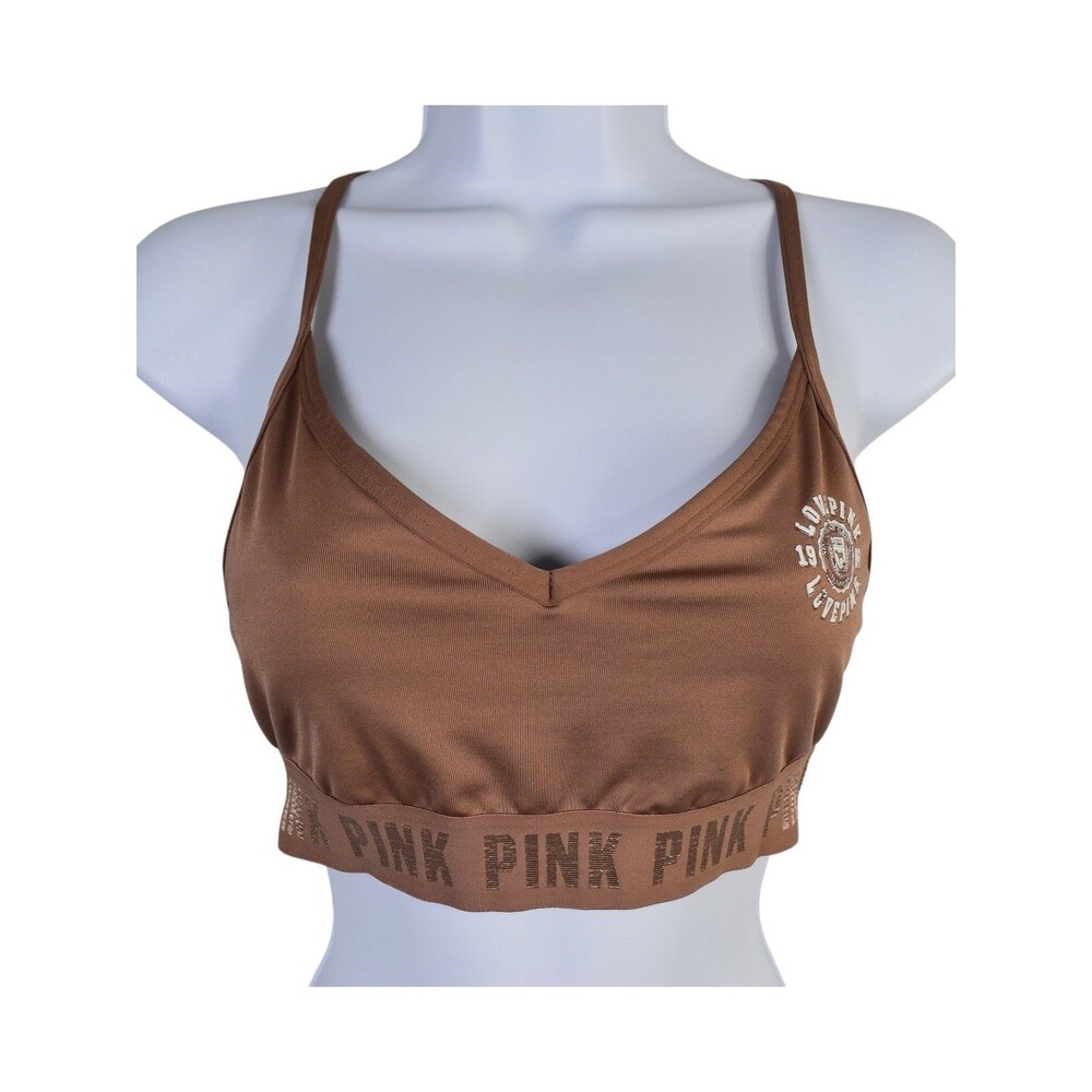 Victoria’s Secret PINK Active Brown Bralette Sports Bra Racerback Logo Size S - Picture 2 of 11
